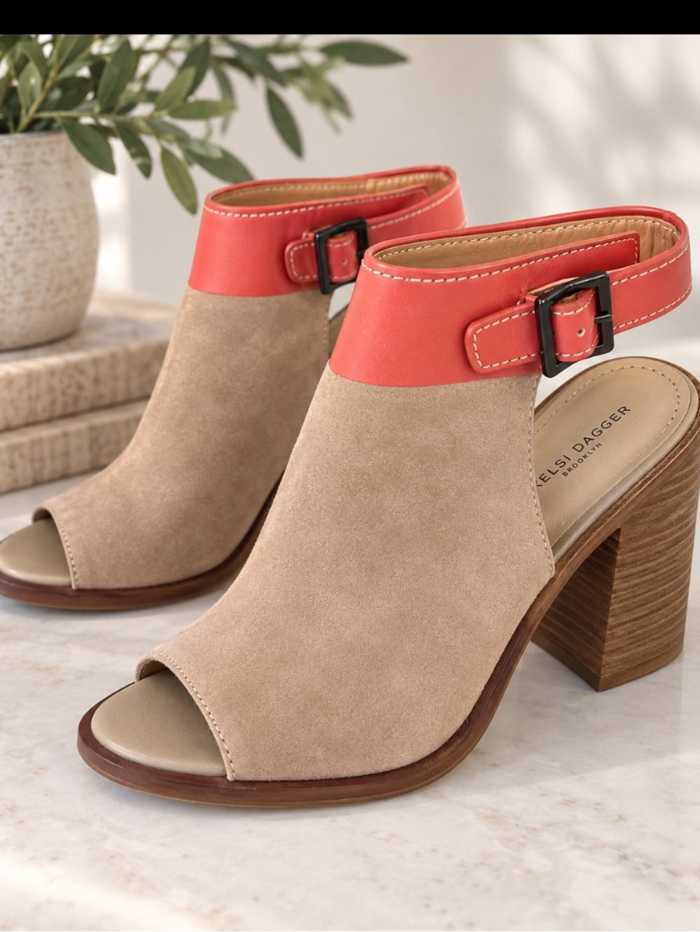 Kelsi Dagger Taupe Suede & Coral Leather Block Heel Sandal size 8.5